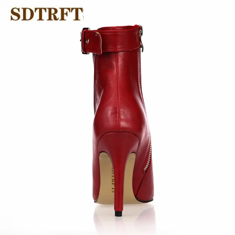 

SDTRFT Spring Autumn Sexy cosplay Stilettos 10cm thin heels Ankle martin boots Red Zipper shoes Woman Botas Pointed Toe pumps