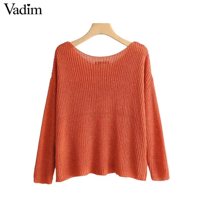 Vadim women solid knitted V neck sweater long sleeve see through loose shirts female casual elegant tops blusas HA391 | Женская одежда
