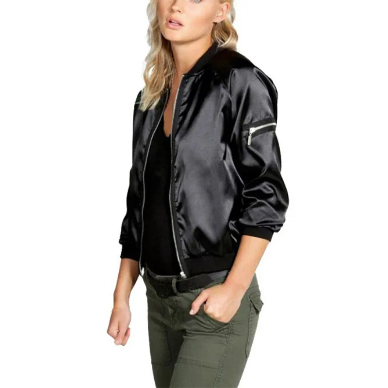 2018 Новое поступление осеннее сатиновое пальто бомбер с воротником стойкой на