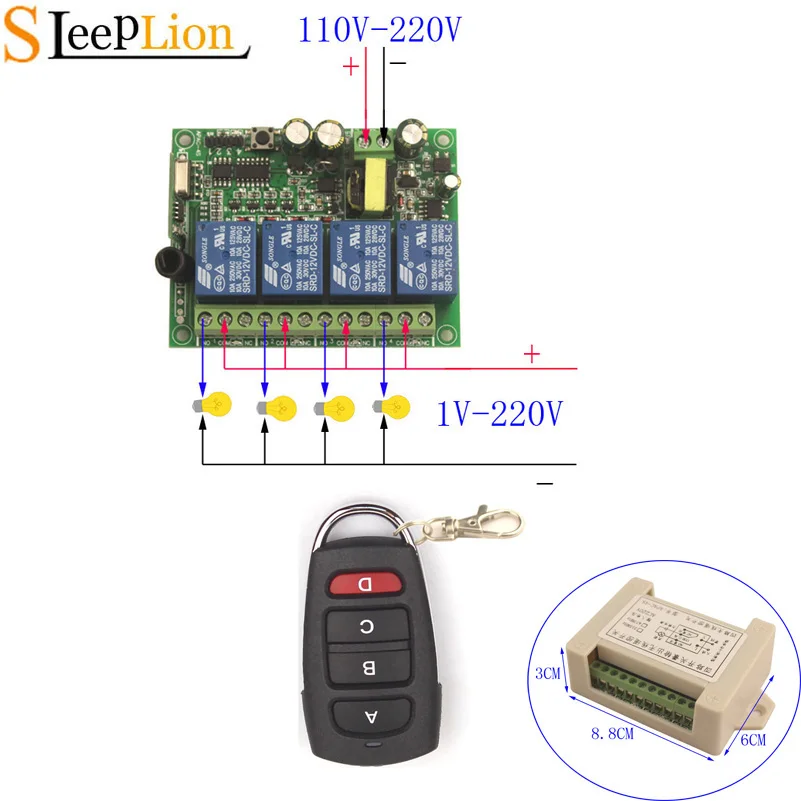 

Sleeplion 4 Channel 110V 220V Relay Switch Remote Controls 4 Ch Light Fan Motor Pump Universal Switch Transmitter Receiver