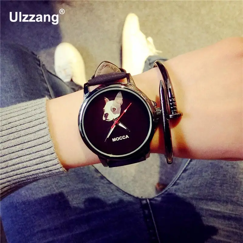 Модные милые кожаные противоударные черные кварцевые наручные часы MOCCA Dog для