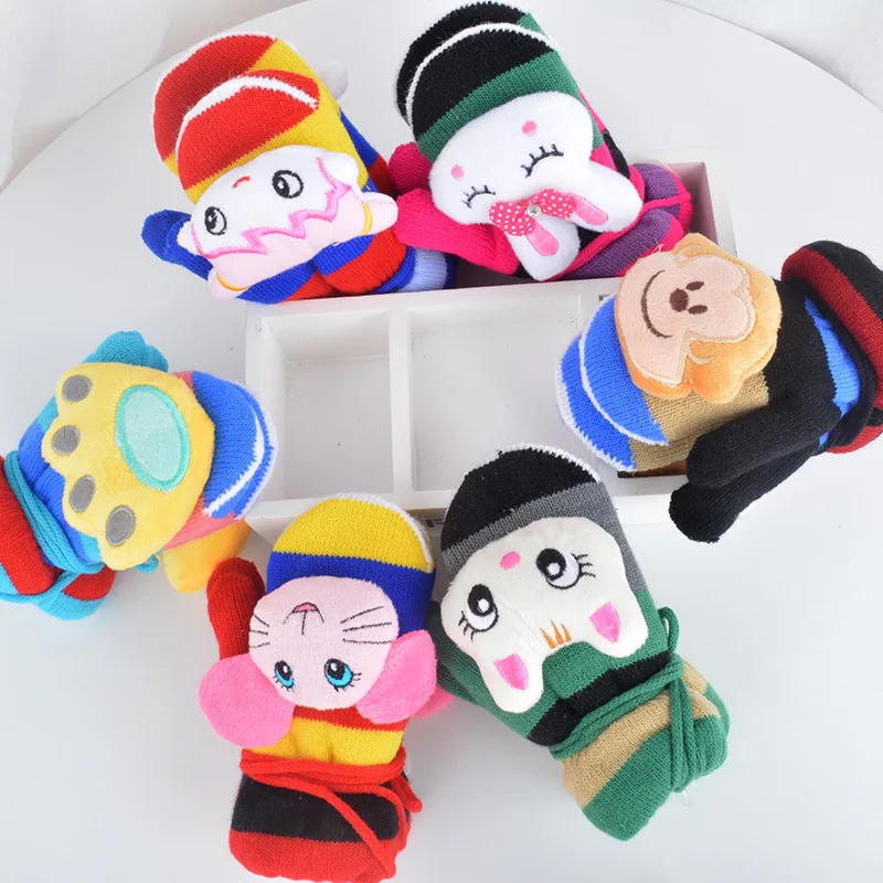 2-6 Years Kids Gloves Boys Girls Plus Velvet Knitted Gloves Fingerless Winter Plush Warm Mittens Cute Cartoon Children Gloves