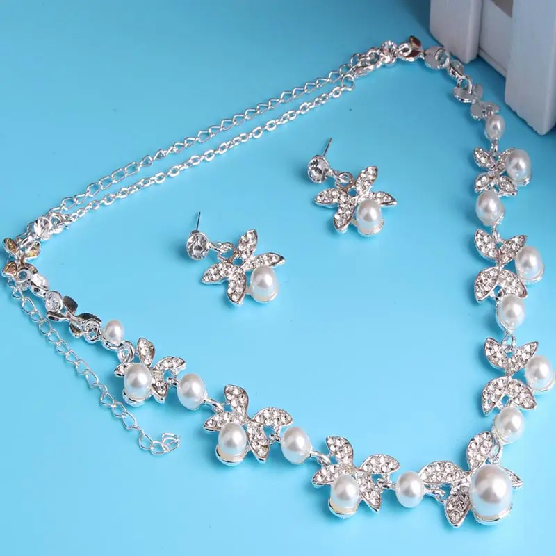 Women Lady Necklace Earrings Kit Crystal Pearl Beads Butterflies Party Wedding Bridal Jewelry Set Gift M8694 | Украшения и