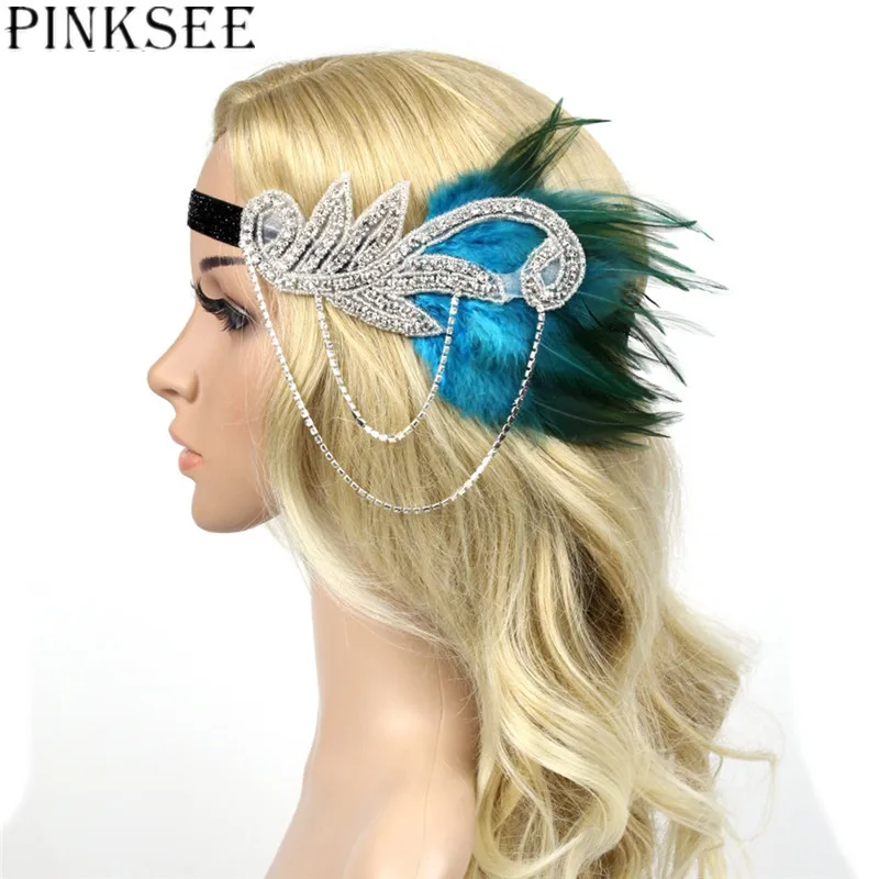 PINKSEE сценический головной убор стразы с бахромой ретро перышки повязка для