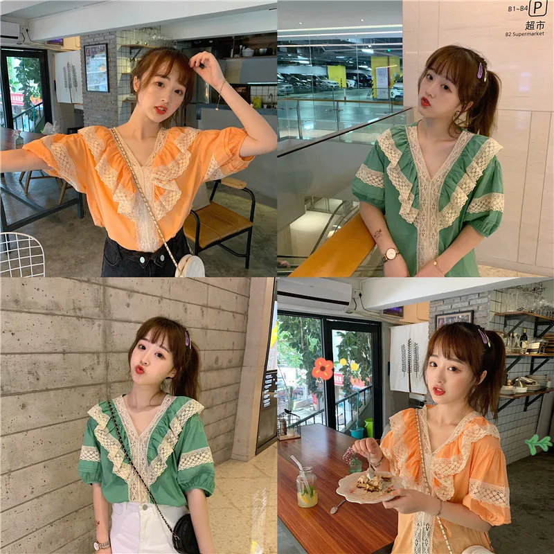 RUGOD New Arrival Women Stiching Shirt V-neck Half Lantern Sleeves Loose Lace Ruffles Blouse Sweet Temperament Mujer Blusa