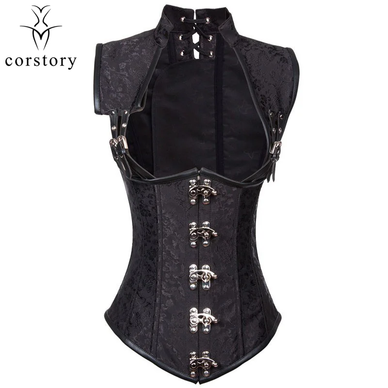 

Black Jacquard Steel Boned Bustier Top Sexy Korsett Women Waist Trainer Corset Underbust Long Jacket Plus Size Gothic Clothing