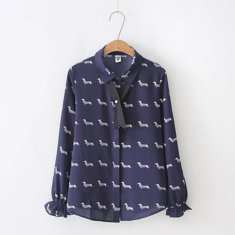 FEKEHA Autumn Women Chiffon Blouses 2019 Female Dog Print Clothing Bow Tie Flare Sleeve Office Shirt White Lady Cute Tops Blusas |