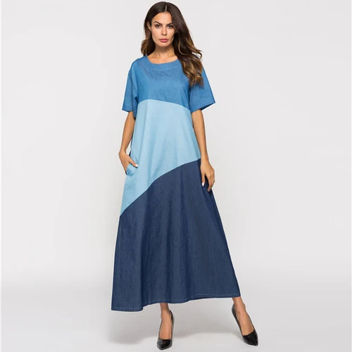 2018 Для женщин синий драпированные осень короткий рукав деним круглым вырезом в