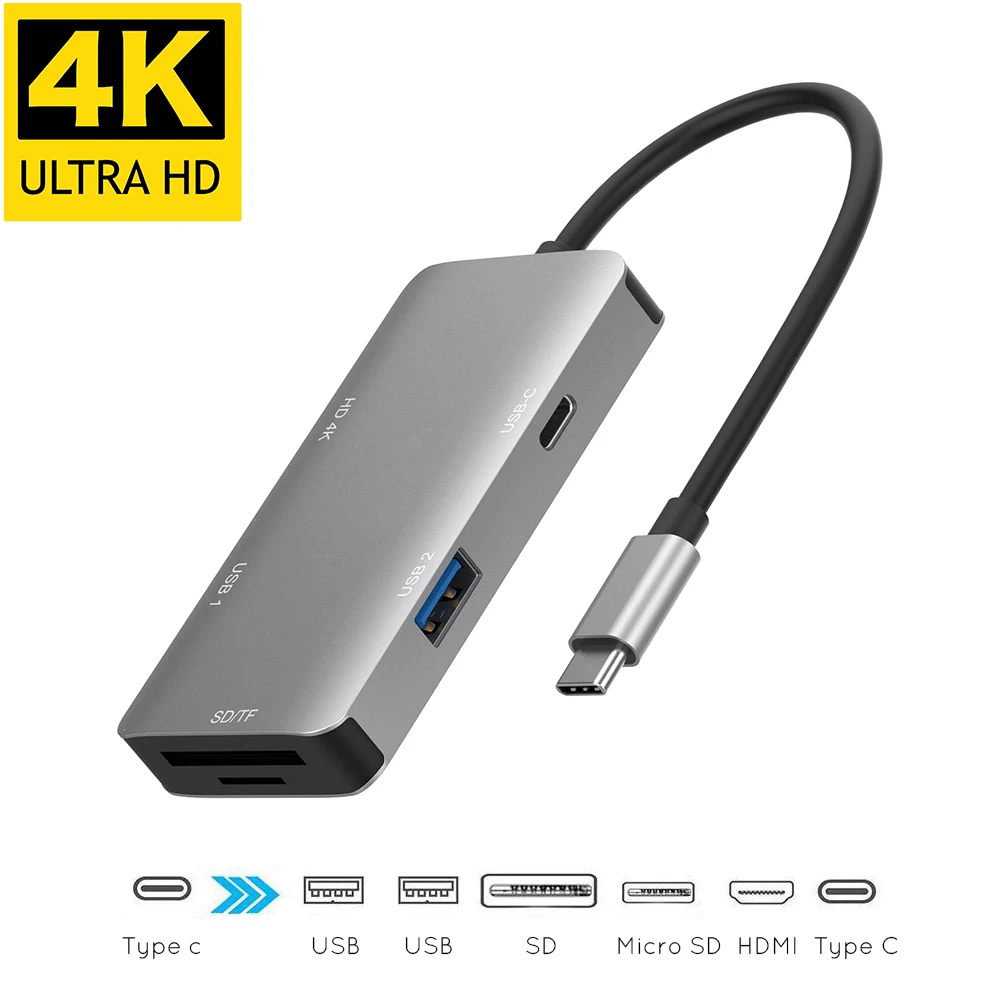 Тип C к HDMI 4K 2 USB 3 0 устройство для чтения карт SD TF конвертер концентратор Поддержка