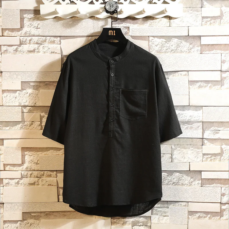 Men's Clothes Half Sleeve Shirt Stand Collar Men Short Chinese Style Japan Solid Casual | Мужская одежда