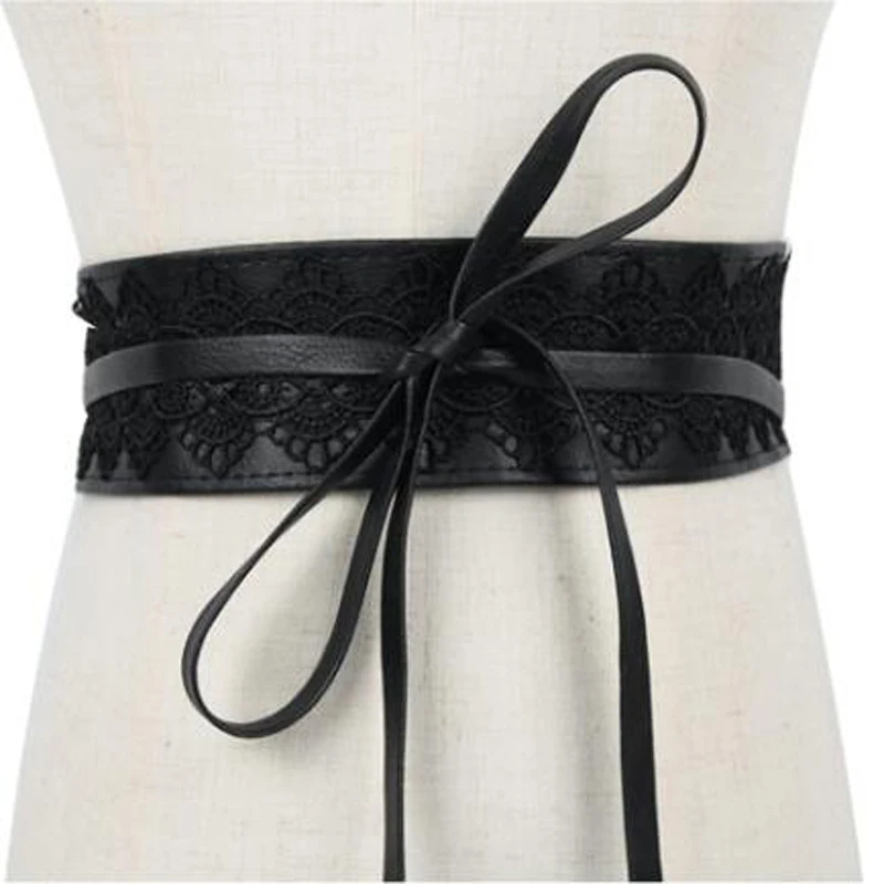 Женский широкий кожаный ремень с бантом винтажный пояс широким кружевом в