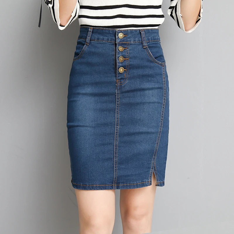 

New Youth Women's Denim Skirts Spring Summer 2021 Fashion All-match Elasticity Buttons Middle Skirt Slim Thin Midiskirt Female