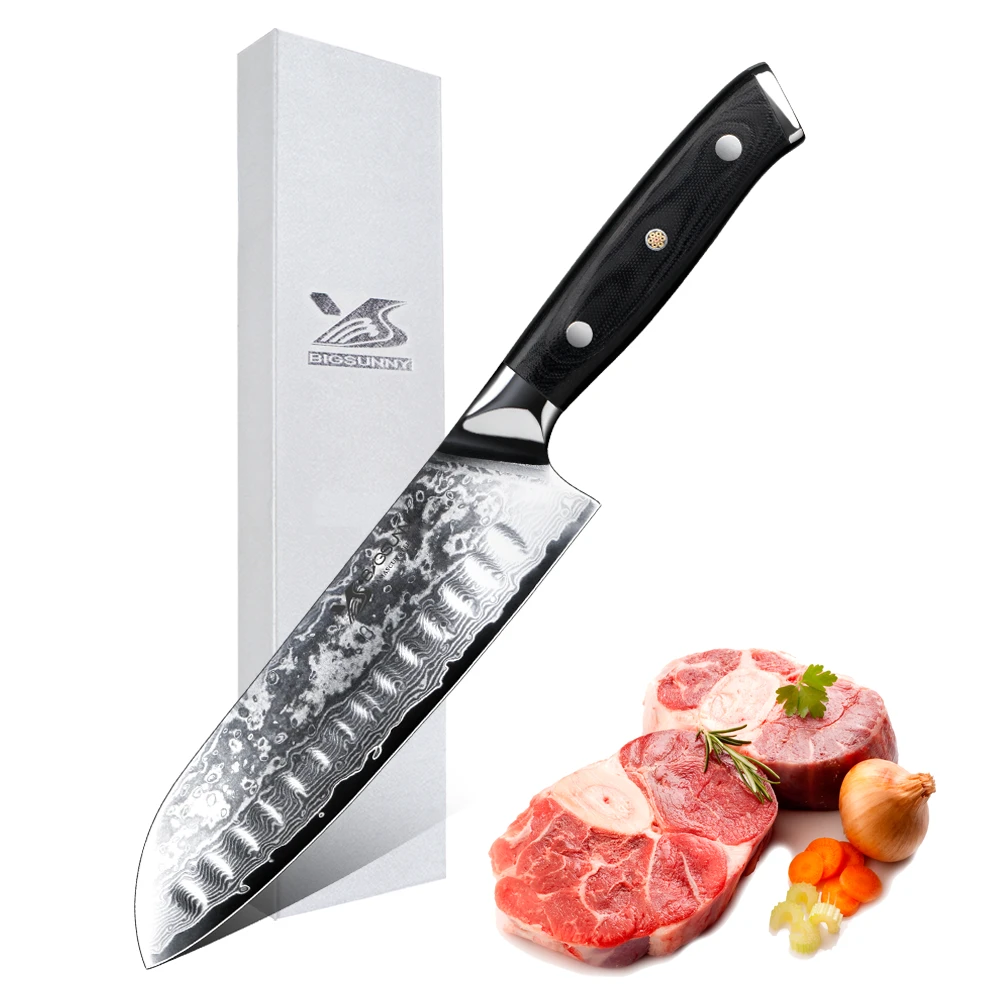 BIGSUNNY 7 дюймовый нож Santoku 67 слоев дамасской стали для нарезки мяса G10 Ручка