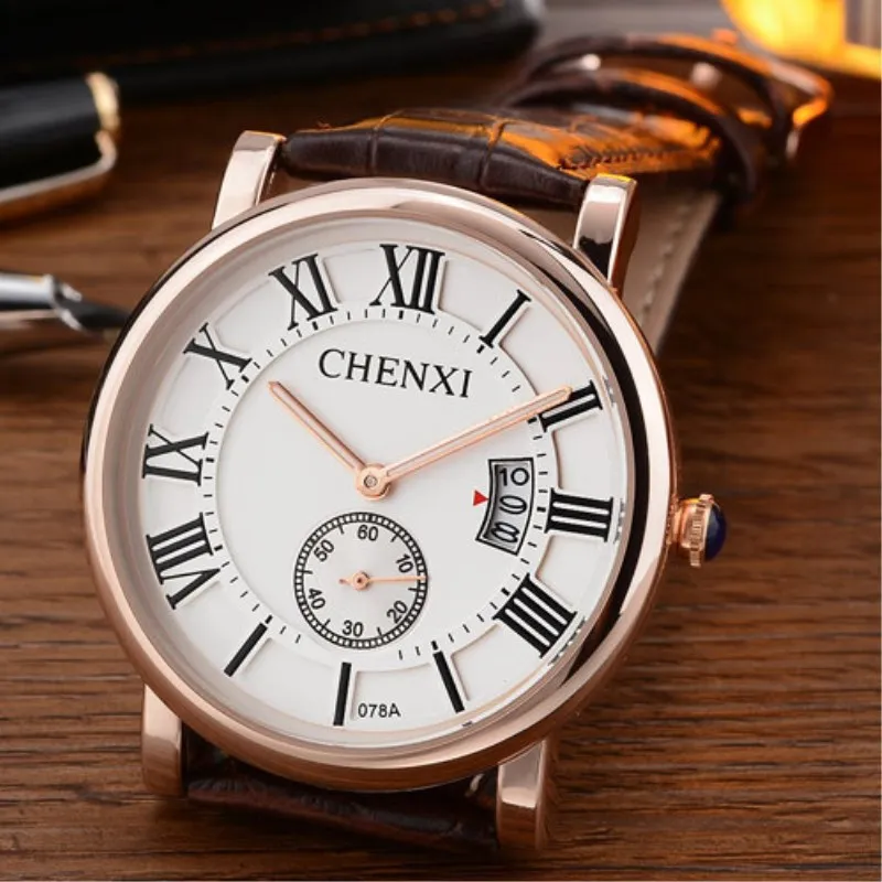 Мужские кварцевые часы с кожаным ремешком календарем | Наручные