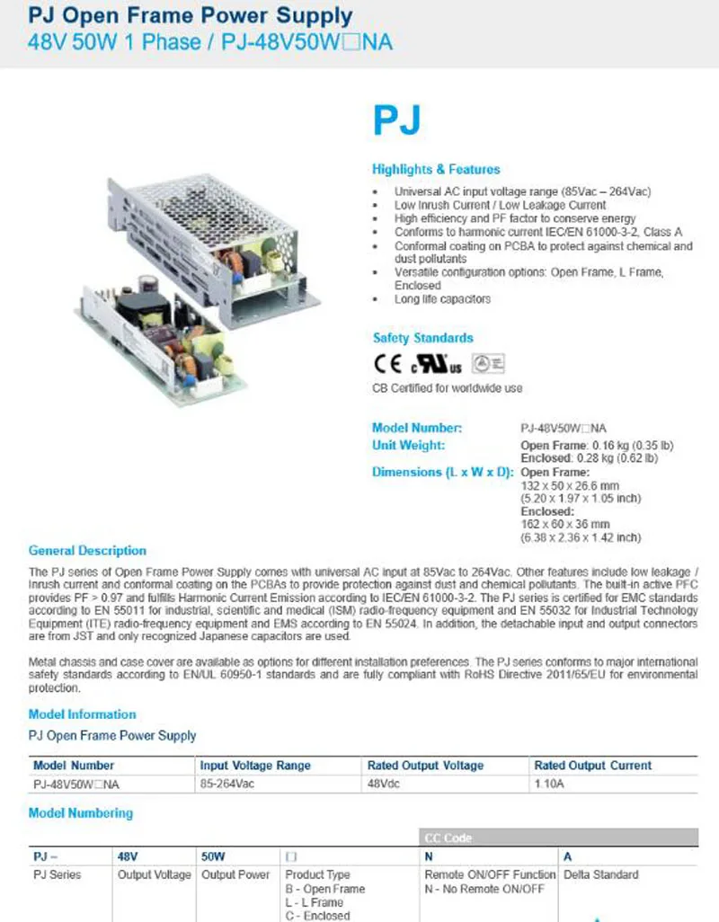 PJ-48V50W оригинальная промышленная связь силовые модули AC-DC преобразователи 85-264Vac вход 48Vdc 1.10A выход для DELTA