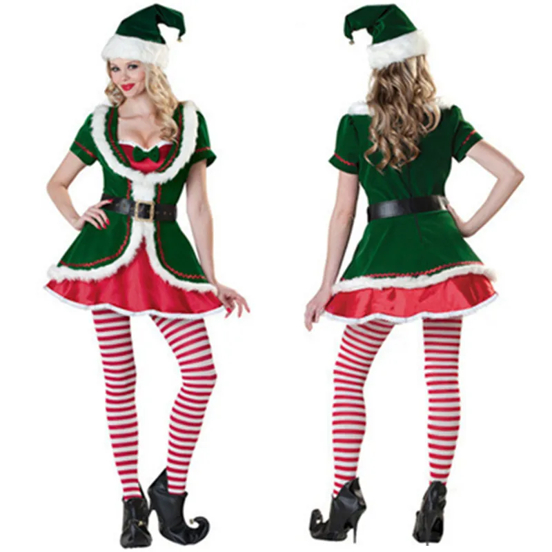 Высокое качество сексуальный зеленый костюм Санта эльфа для взрослых Женский
