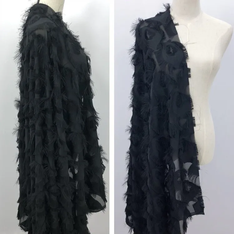 Half meter price 150 см Широкий черно-белый жаккардовый срезанный цветок Seide шифон Stoff ресниц ткань павлин перо одежда с бахромой модный Декор - Цвет: Half meter price