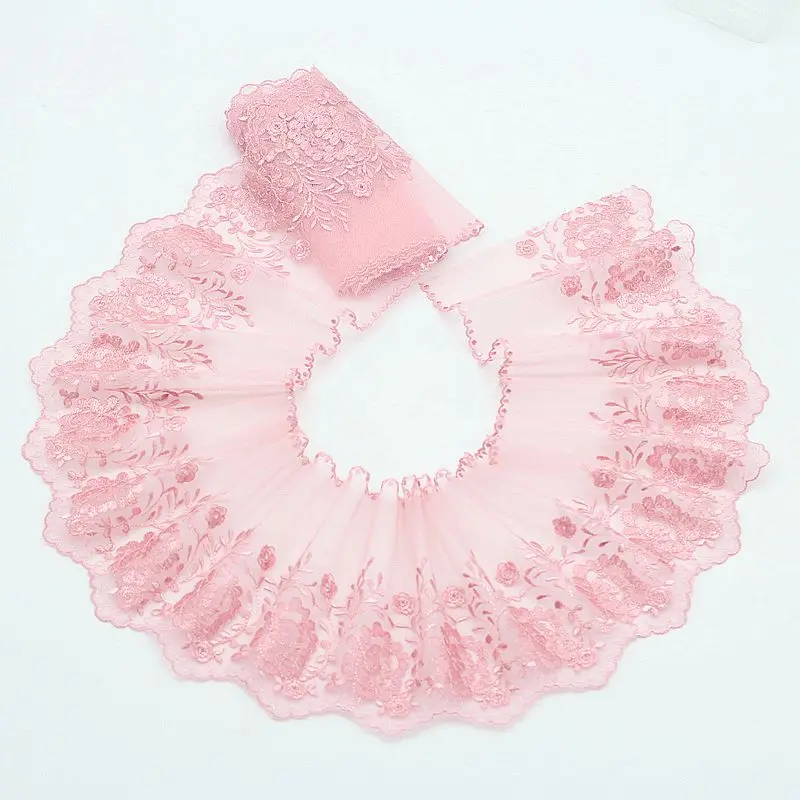 

MLAEY 2yards/lot 18cm wide Embroidered Tulle Lace trim mesh lace Fabric~ Pink~lovely~