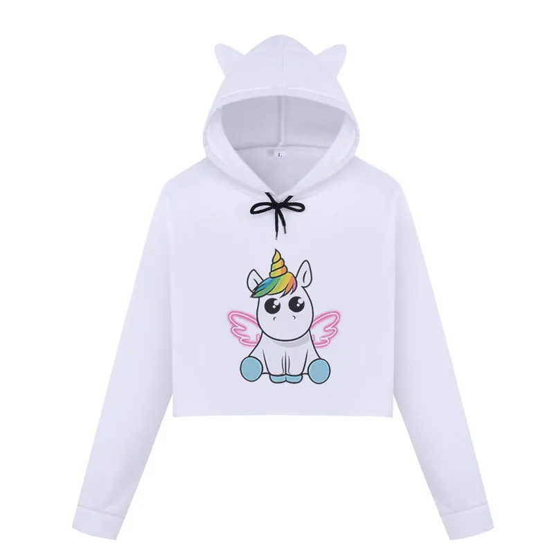 

Kpop Angel Unicorn Women Hoodies Winter Sweatshirt Casual Crop Top Harajuku Kawaii Cartoon Unicorn Print Cropped Hoodie Pullover