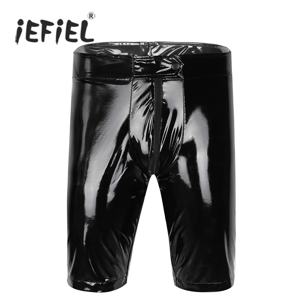 

iEFiEL Black Mens Welook Patent Leather Zippered Open Crotch Boxer Shorts Half with Bulge Pouch Wetlook Dancing Clothes
