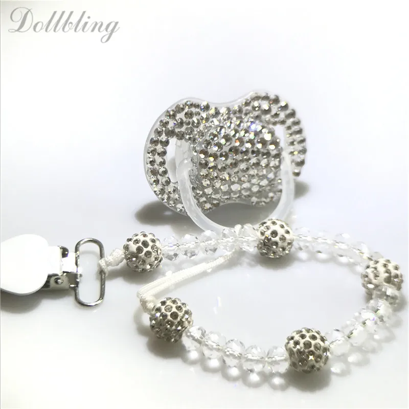 Серебристый Dollbling розовый кристалл алмаза принцесса пустышка детская соска/соски/пустышка/cocka/chupeta с подходящей шикарной соской зажимы - Цвет: Серебристый