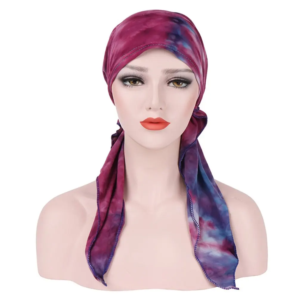 New Tie-dyed Curved Hat Flower Silk Woman Muslim Baotou Cap Fashion Accessories Caps Skullies Hats |