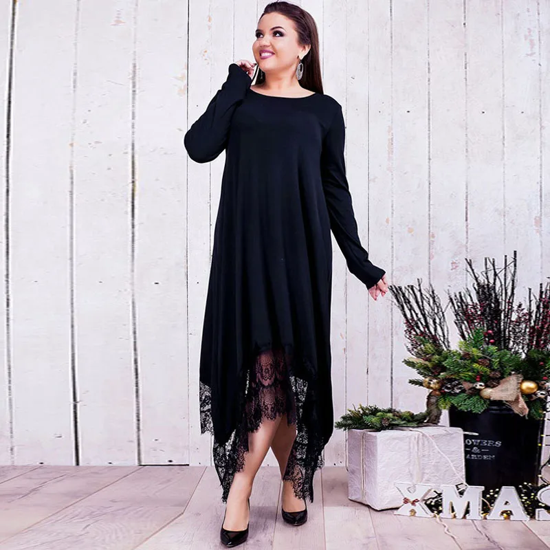 2020 Autumn Lace Patchwork Maxi Dress Plus Size 4XL 5XL 6XL Black Blue Vintage Loose Robe Longue Casual O-neck Vestidos Big | Женская
