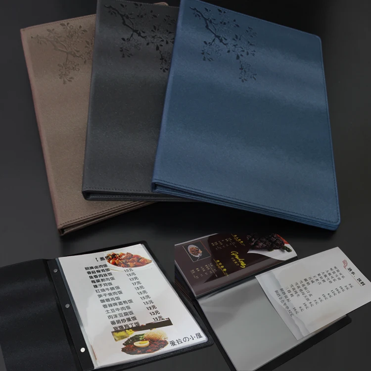 Customized A4 меню обложка для папки с пластиковыми карманами низкий MOQ customisedPU кожаный
