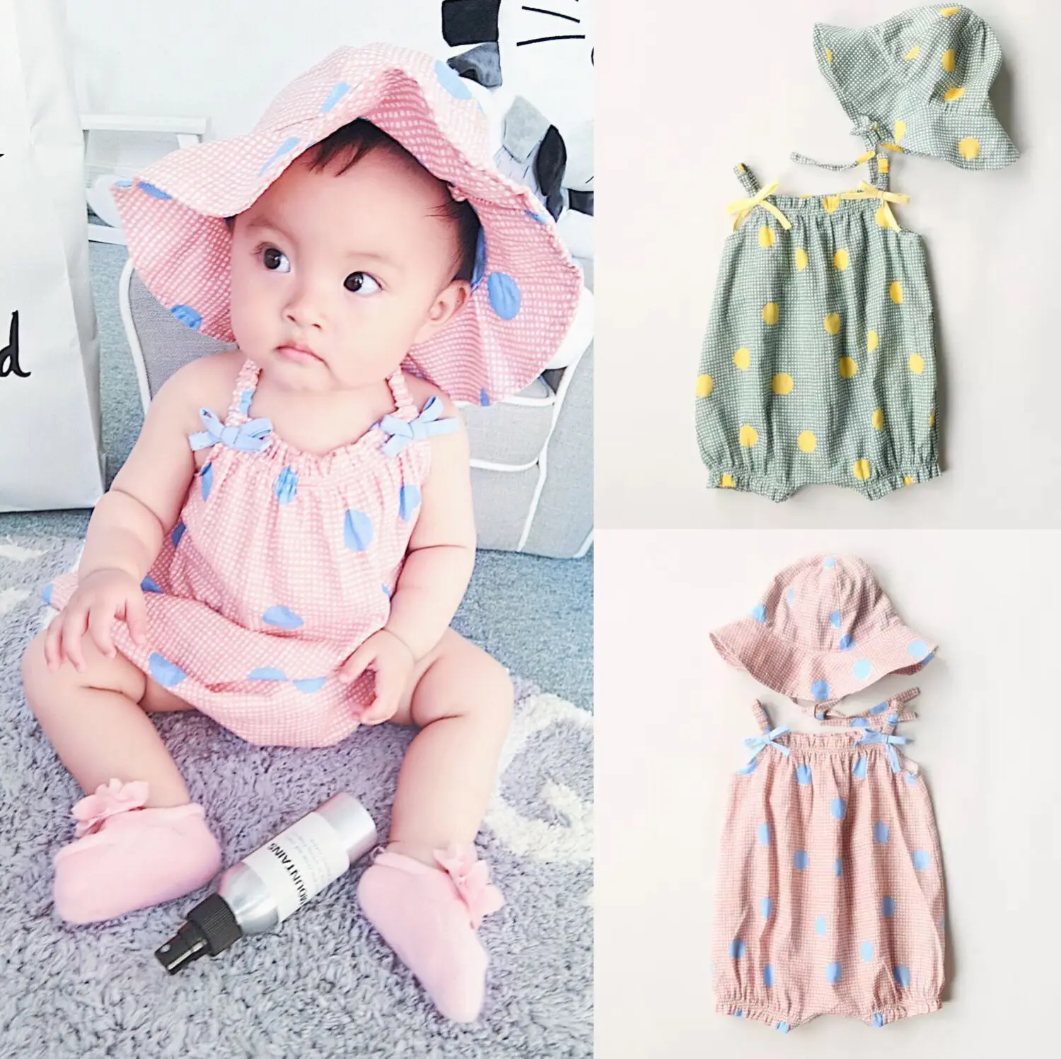 

2019 NEW Baby Girls Clothes Summer Sunsuit Wave Point Princess Rompers+Sun Hat Brief Set Infant Outfit Jumpsuit