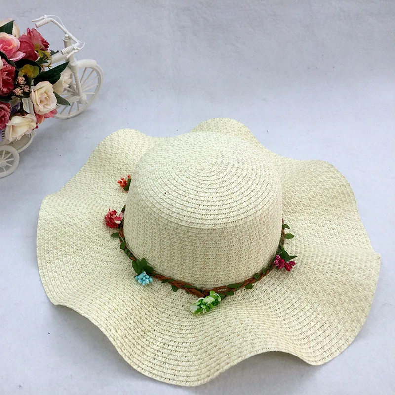 Женская соломенная шляпа с большими полями Солнцезащитный Венок цветами для