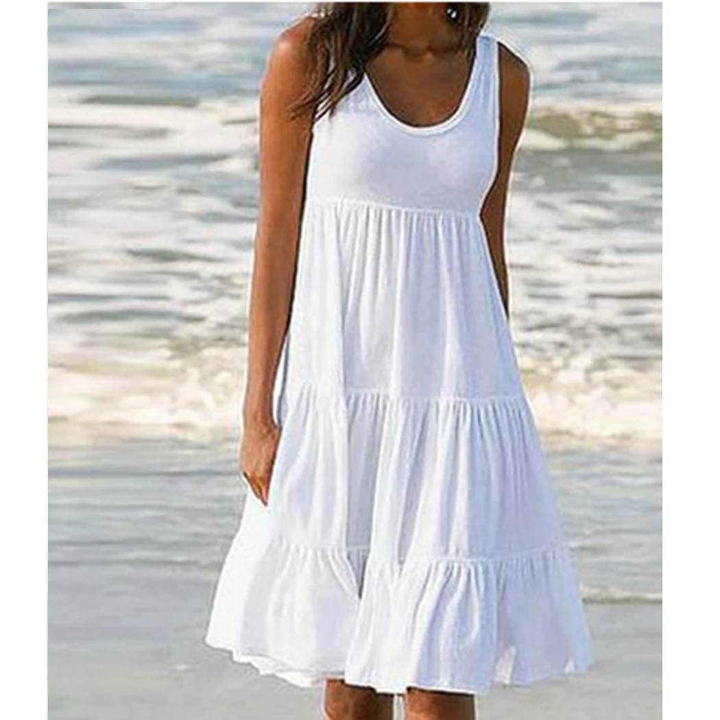 Женское праздничное платье на бретелях с рюшами 2019 летнее однотонное пляжное без