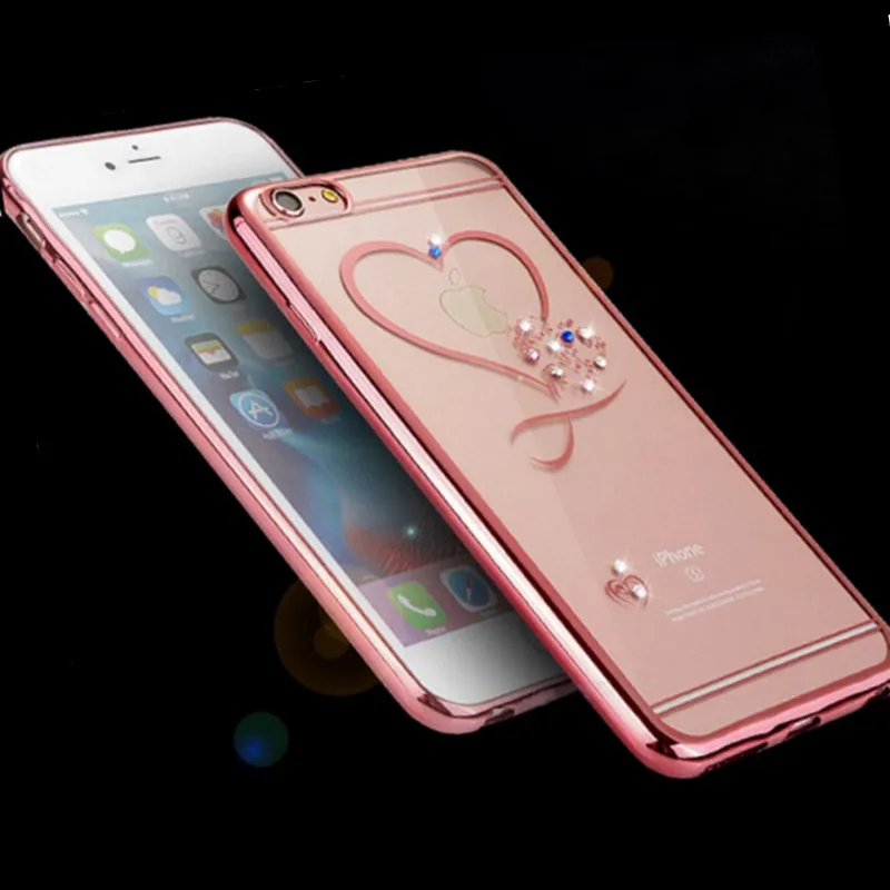 Love Heart Rose Gold Plating Glitter Diamond Phone Cases For iphone 7 7Plus 6 6s Ultrathin Soft TPU Silicone Crystal Clear Cover |