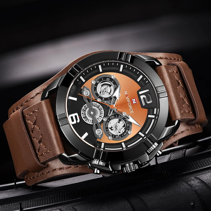 Часы NAVIFORCE мужские черные спортивные модные деловые кожаные водонепроницаемые