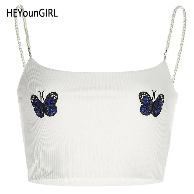 Белый HEYounGIRL бисерная цепь на бретельках белого цвета Топ, платье с вышивкой, с принтом в виде бабочки, топ на бретельках Повседневное с низким вырезом на спине, без рукавов, Короткие топы, футболки Для женщин - Цвет: Белый