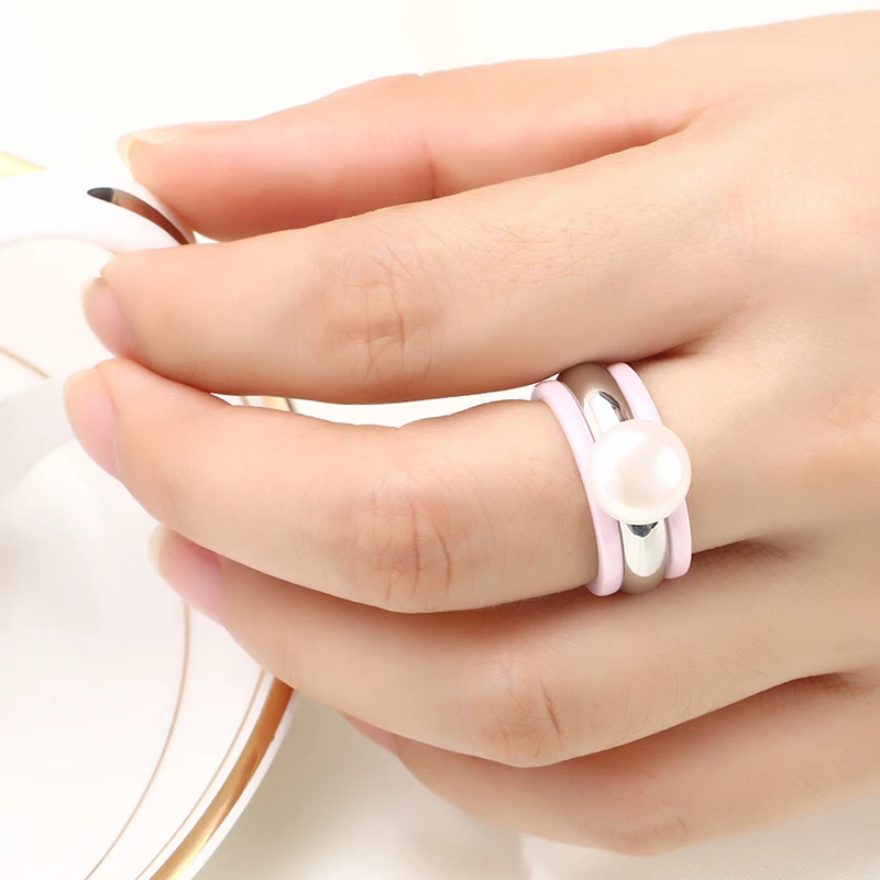 3 шт./компл. розовые керамические кольца с большим жемчугом модные ювелирные изделия из нержавеющей стали