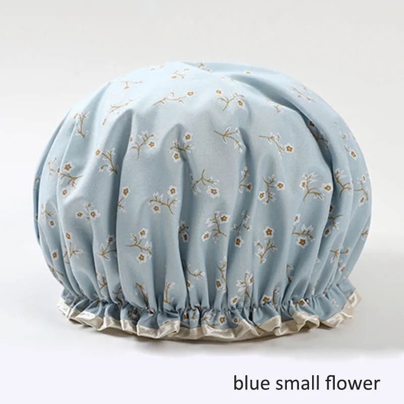 blue small flower Толстая 1 шт. водонепроницаемая шапочка для ванной, двойной слой, покрытие для волос для душа, женские принадлежности, шапочки для душа, аксессуары для ванной комнаты - Цвет: blue small flower