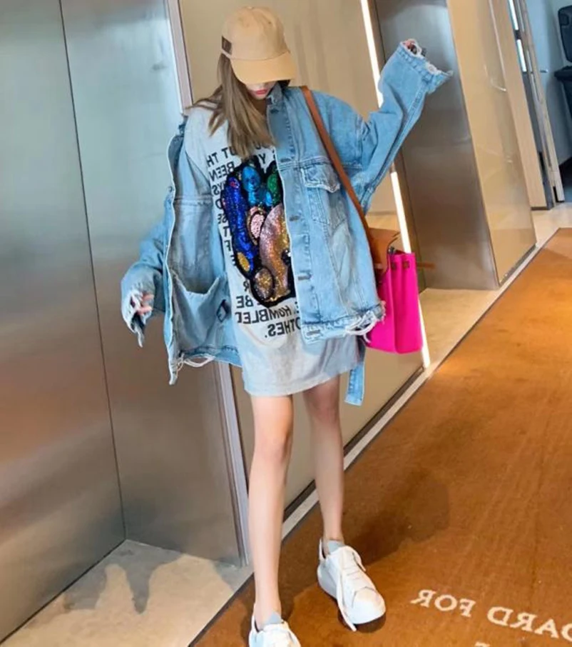 SexeMara модная популярная рваная джинсовая куртка расшитая бисером с отверстием