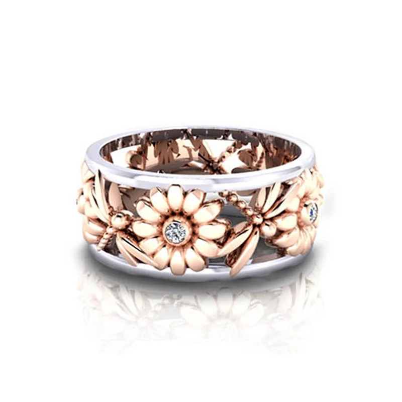 1PC Creative Copper Rings Sun Flower Pattern Rose Gold Double Color Simple Birthday Gift For Woman Fashion Jewelry 374478 | Украшения и