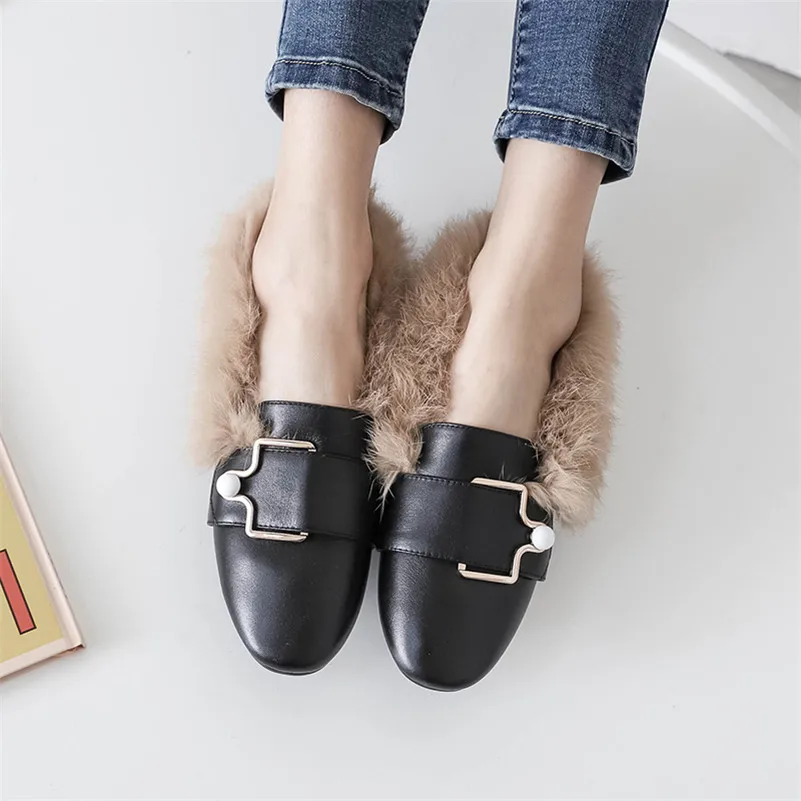 CONASCO Fashion Metal Buckles Med Heels Fur Autumn Winter Party Wedding Shoes Woman Genuine Leather Square Toe Prom Pumps | Обувь