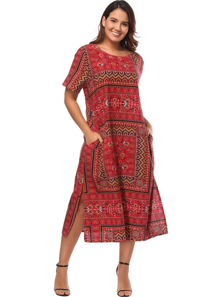 Женское свободное платье-Макси Boho Пляжное Платье с принтом Повседневное платье
