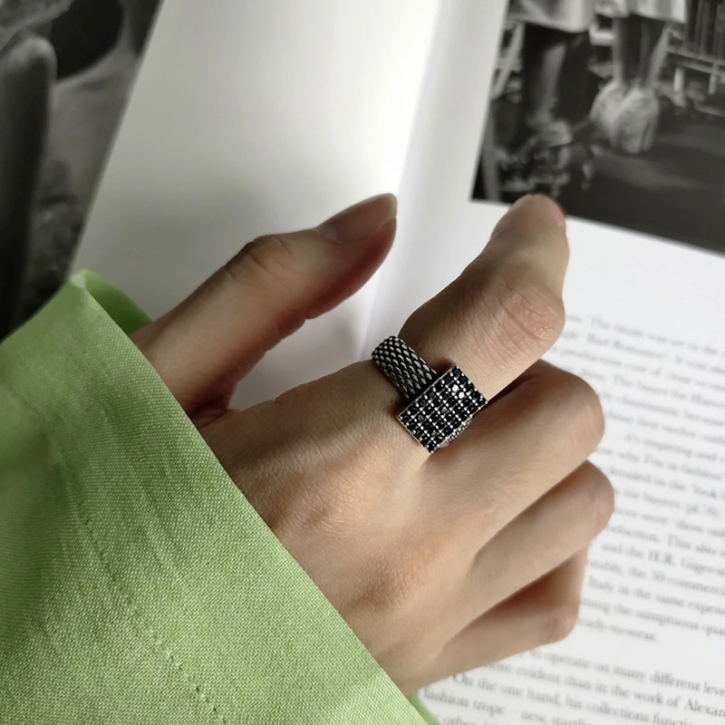 LouLeur, 925 пробы, серебряные, квадратные, черные, циркониевые кольца для женщин, винтажные, минималистичные, открытые кольца для женщин, Ретро стиль, модные, вечерние, ювелирные изделия
