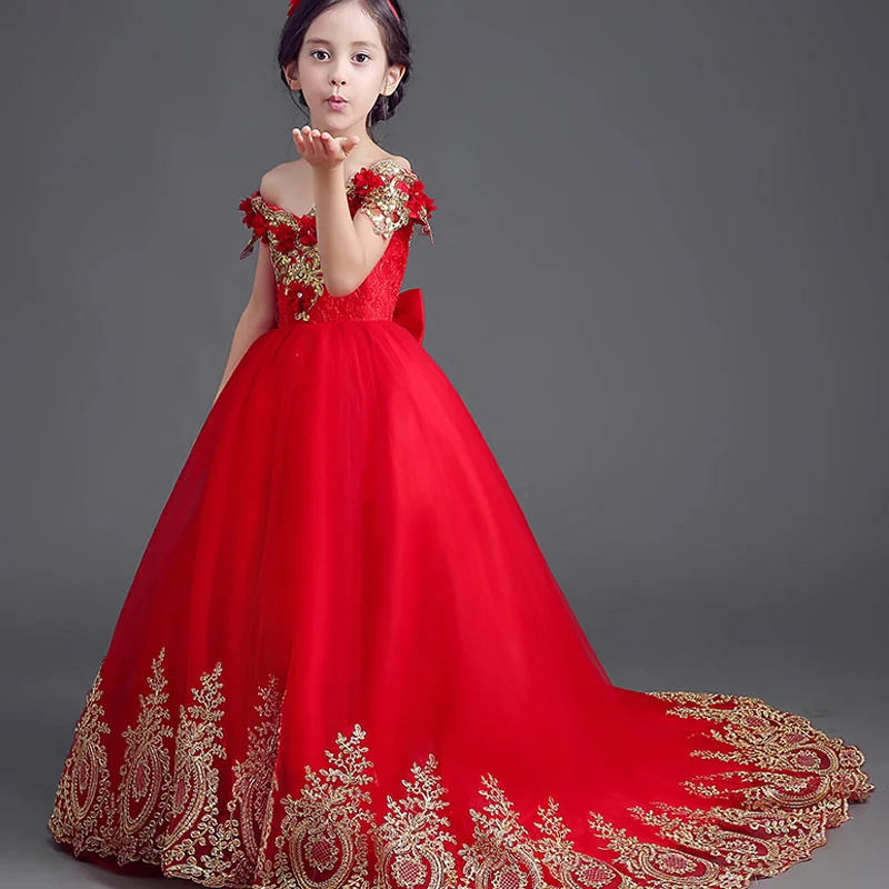 Princess Girls Dresses 2017 New Embroidery Mullet dress Red Dress With Bow Shoulderless Evening Floral JF63 | Детская одежда и