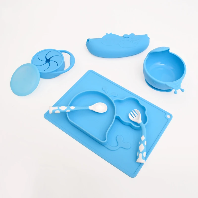 blue 6 шт./компл. Детские Силиконовые столовые приборы для кормления, набор для младенцев, антипереливающийся тренировочный обеденный поднос, миска для детей, посуда для еды - Цвет: blue