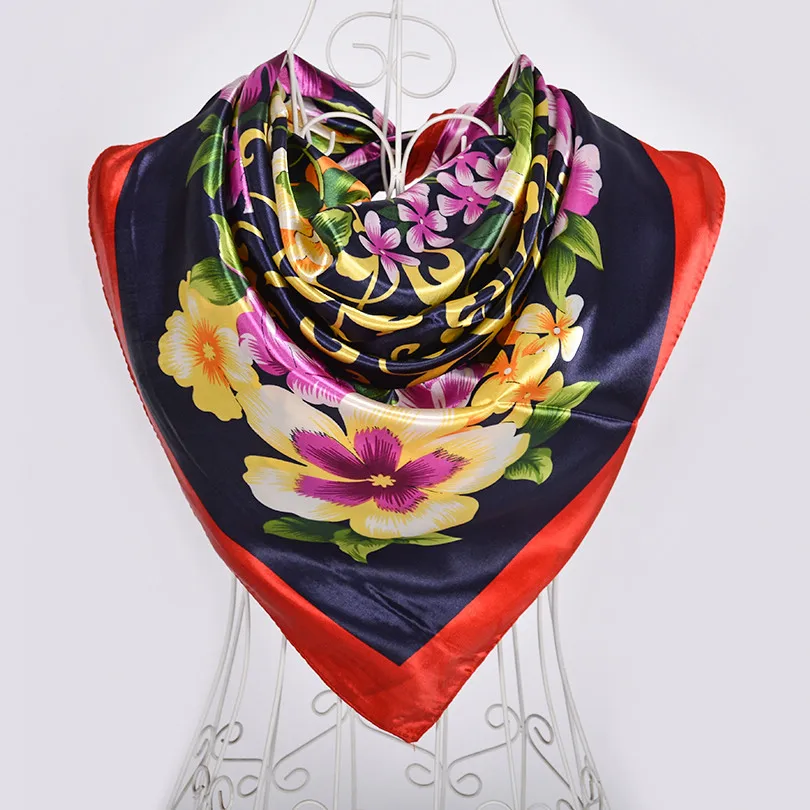 red floral Новое поступление женский шелковый шарф, модные аксессуары атласные большие квадратные женский шарф с принтом, дизайн бежевая шелковая шаль 90*90 см - Цвет: red floral