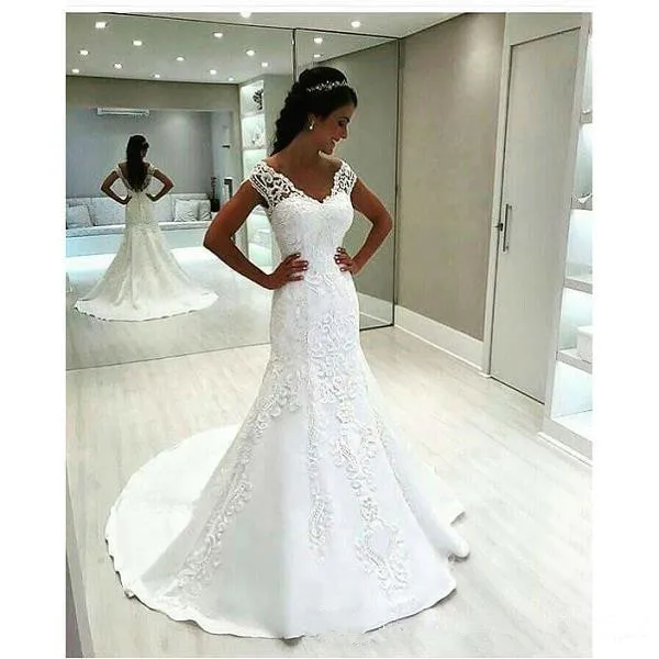 

Elegant Backless Mermaid Wedding Dresses lace 2021 Robe De Mariee Cap Sleeve V Neck Handmade Bridal Gowns Vestidos De Noiva