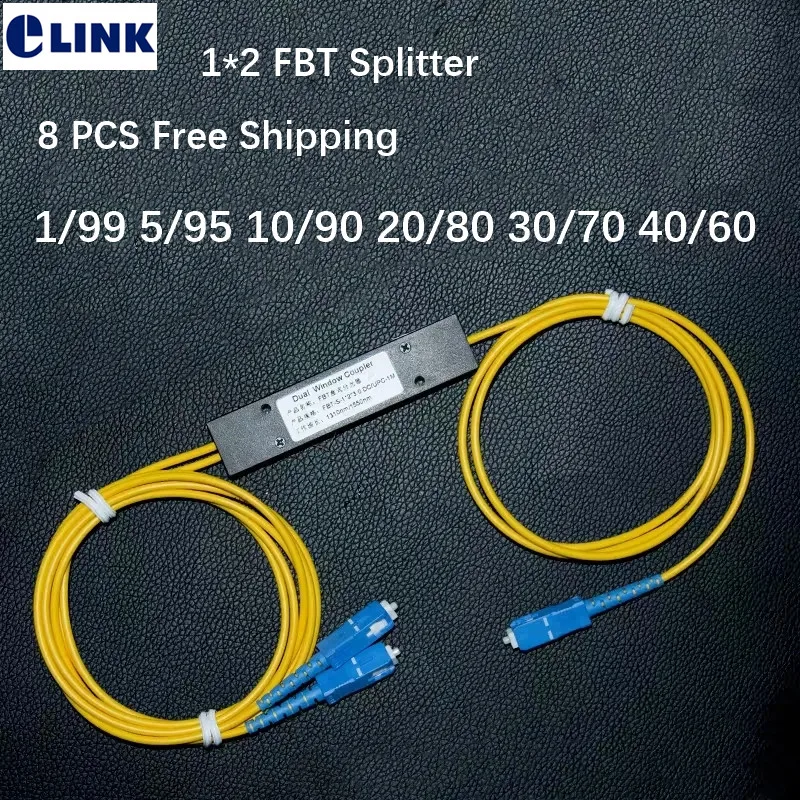 8 PCS 1*2 FBT fiber splitter 1310/1550nm with SC connector 1/99 5/95 20/80 fused optical coupler dual window abs free shipping