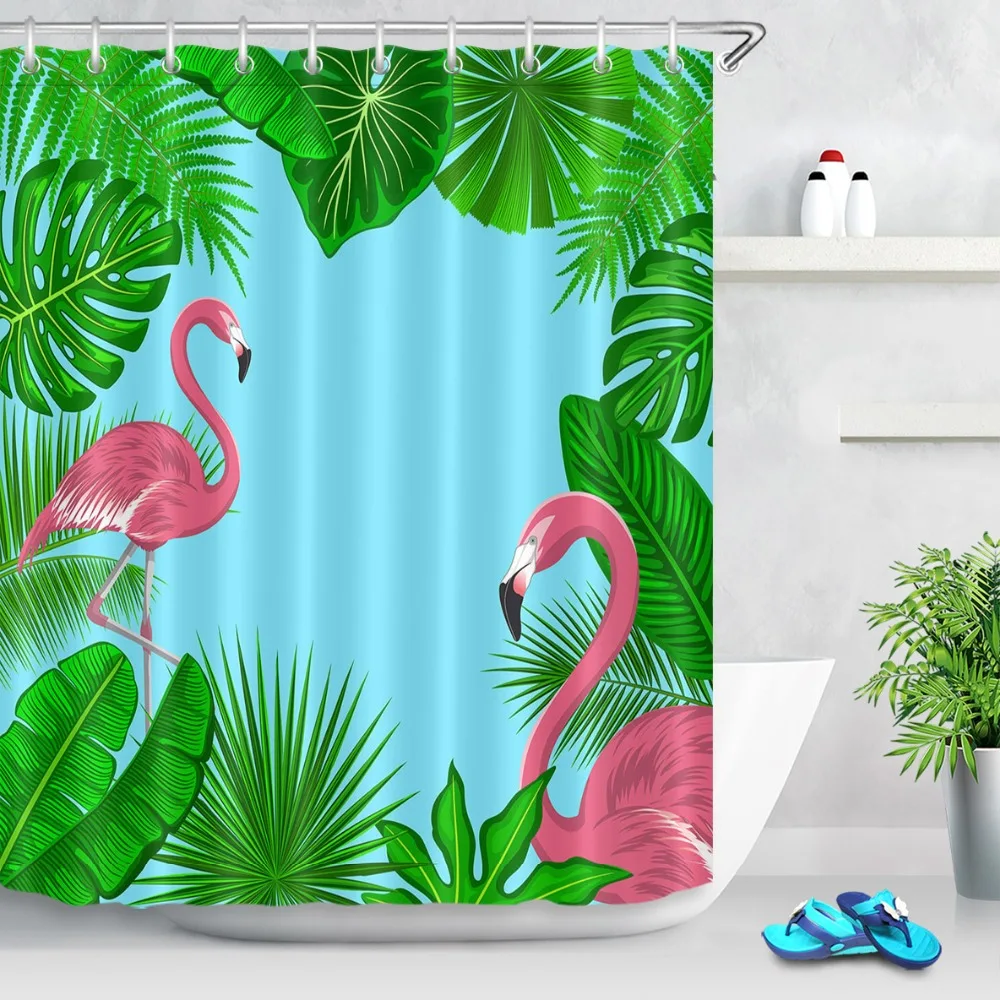 Водонепроницаемая душевая занавеска LB с красным фламинго зелеными листьями