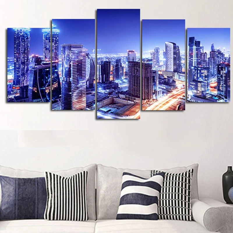 Настенная Картина на холсте с 5 плоскостями синие ночные городские современные