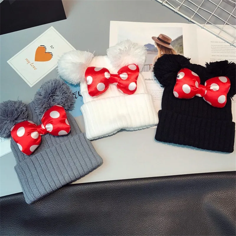 Big Dot Bowknot Baby Hat Cute Kids Girls Pompom Ball Cap Autumn Winter Outdoor Warm Knitted Beanie