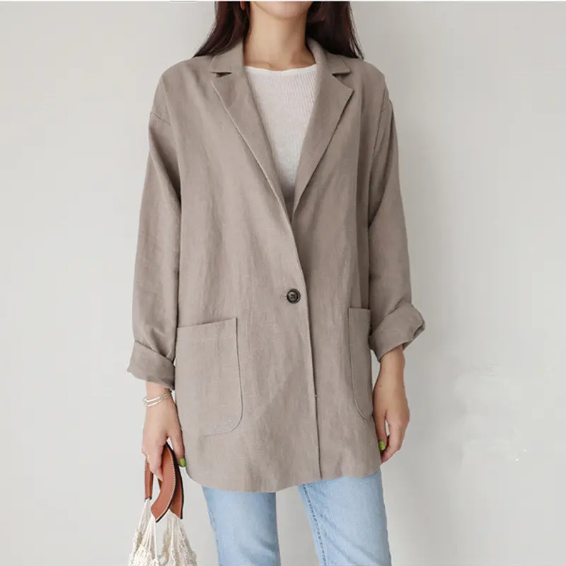 HziriP Summer Women Chic Simple Full Sleeves Single Button Office Ladies Fashion Vintage Loose All Match Blazer Large Size - Цвет: KHAKI